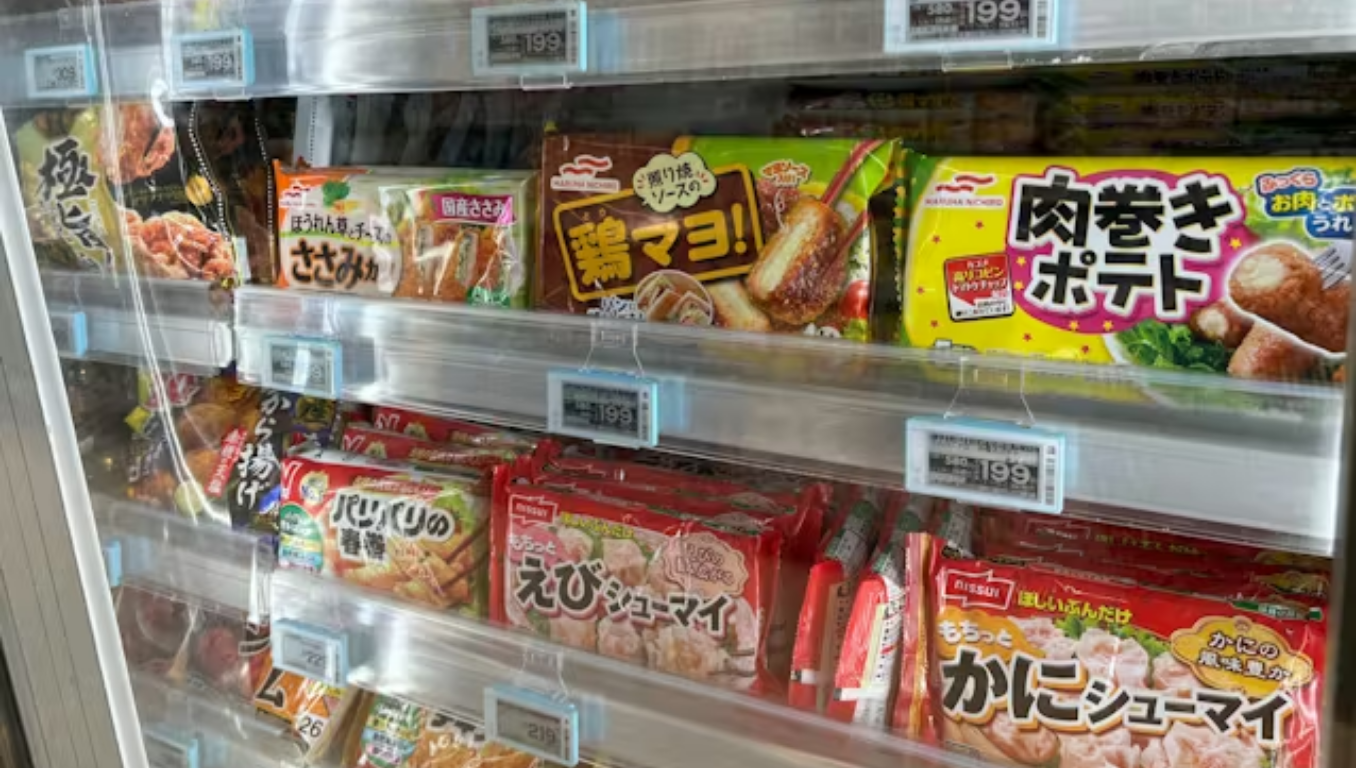 スーパーの食品棚と値上げラベル