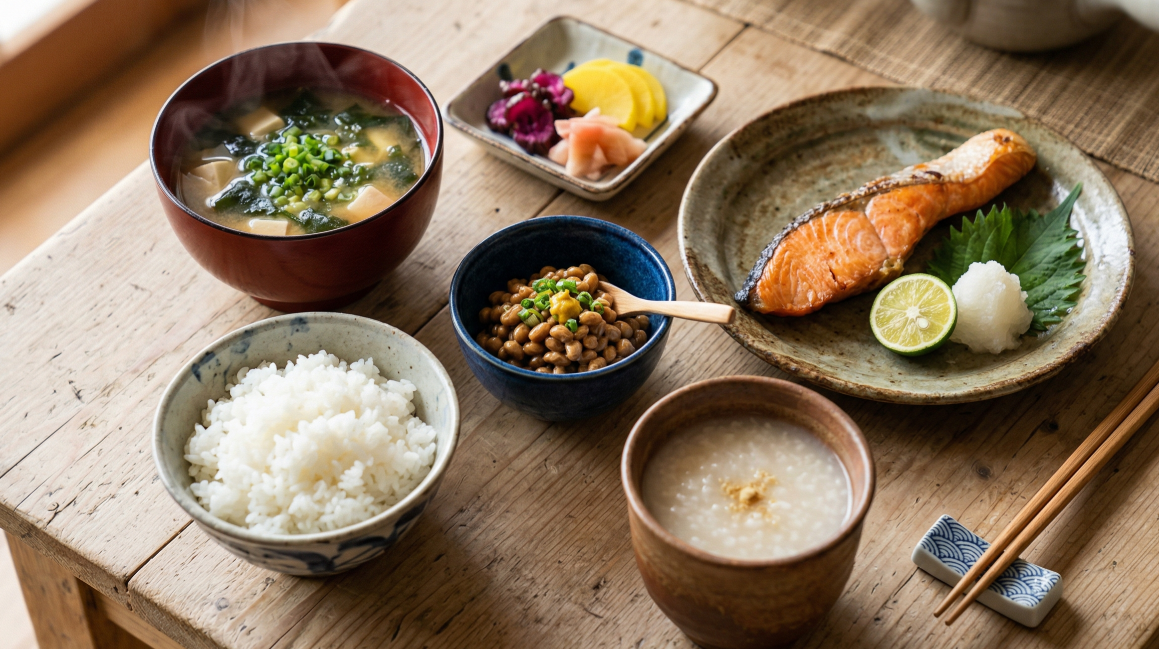 養生メシ——味噌汁、焼き鮭、納豆、漬物が並ぶ日本の食卓